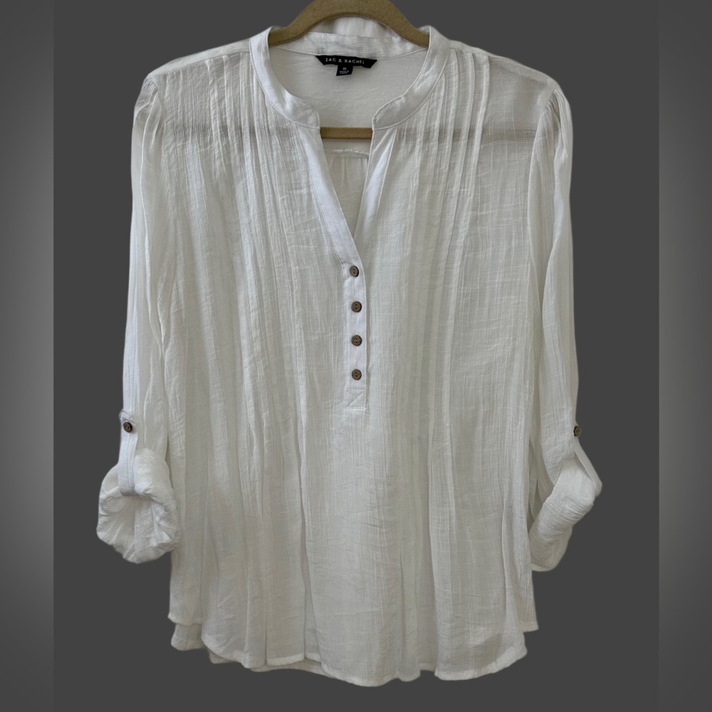 Zac & Rachel White Gauze Tunic Blouse XL Boho Pintuck Roll Tab Sleeve Top